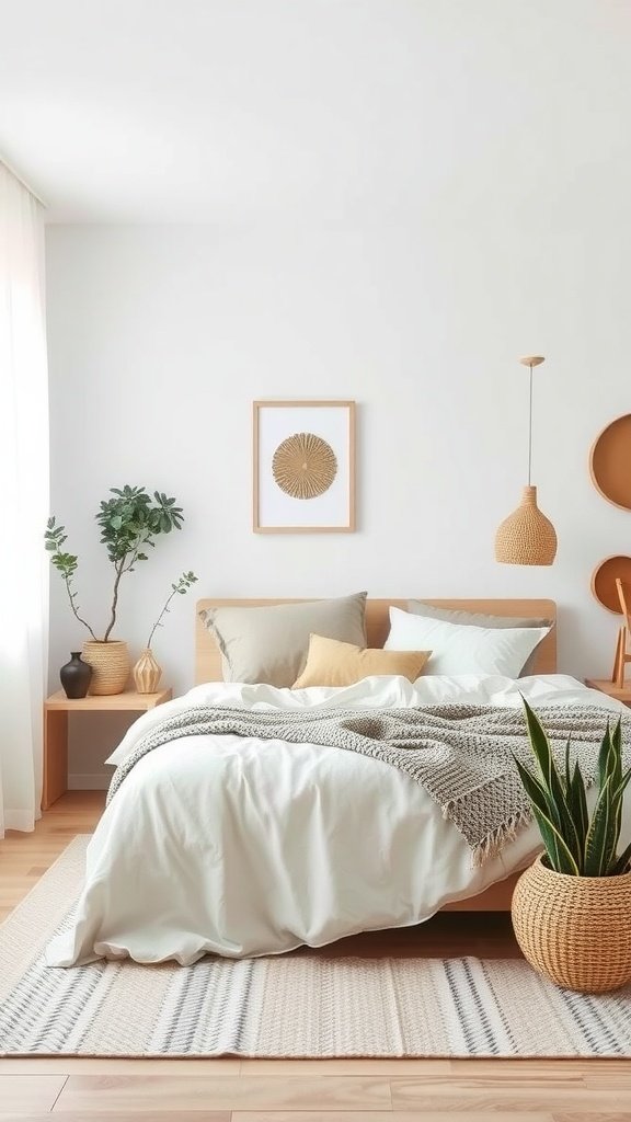 A serene Nordic Scandi Boho bedroom featuring light colors, cozy bedding, and natural decor.