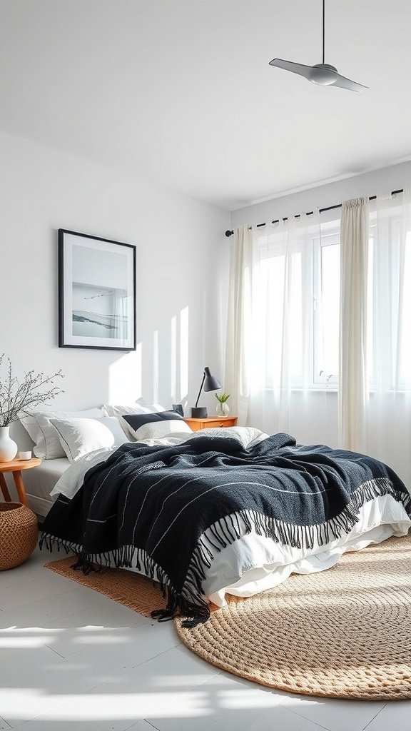 A stylish Nordic Scandi Boho bedroom featuring a black and white color scheme with a cozy bed, natural light, and minimal decor.