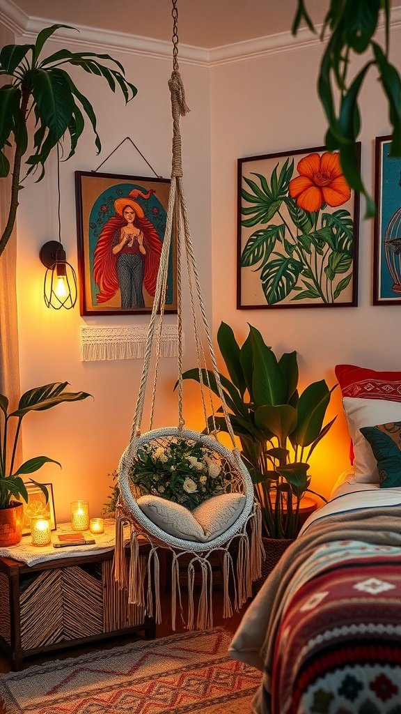 A cozy boho nook featuring a hanging macrame chair, plants, warm lighting, and colorful artwork.