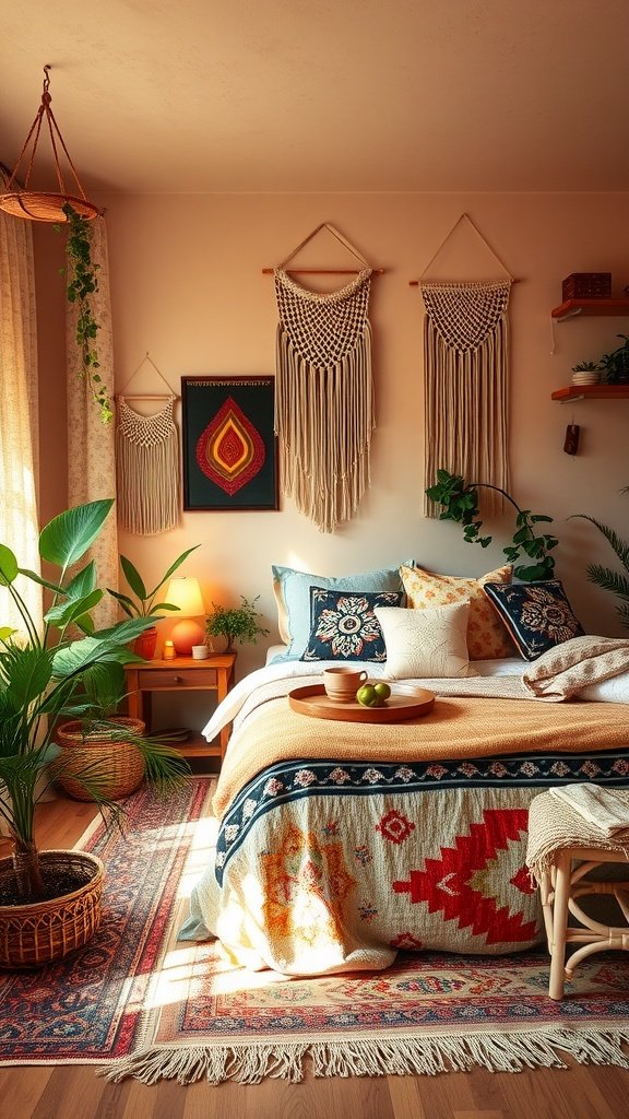 A cozy boho bedroom featuring macramé wall hangings, colorful textiles, and plants.