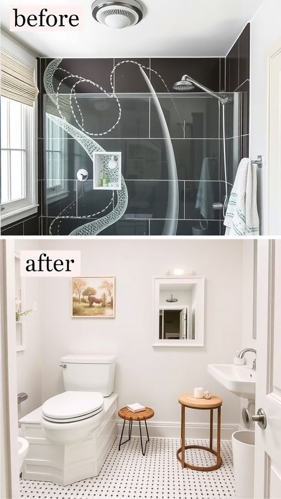 Before and after images of a bathroom makeover showing a dark and dated space transformed into a bright and modern bathroom.