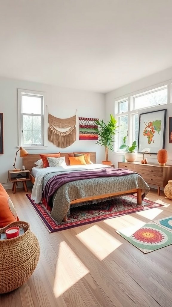 A cozy bedroom featuring wooden furniture, warm colors, and textured textiles, with plants and wall art for a modern global boho style.