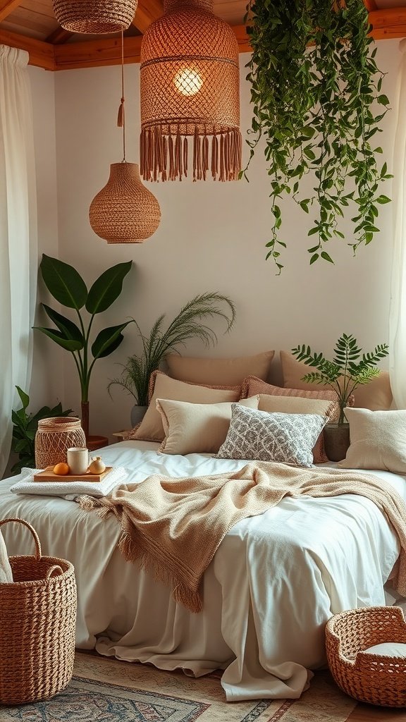 A cozy boho bedroom with soft bedding, textured pillows, woven baskets, and hanging plants.