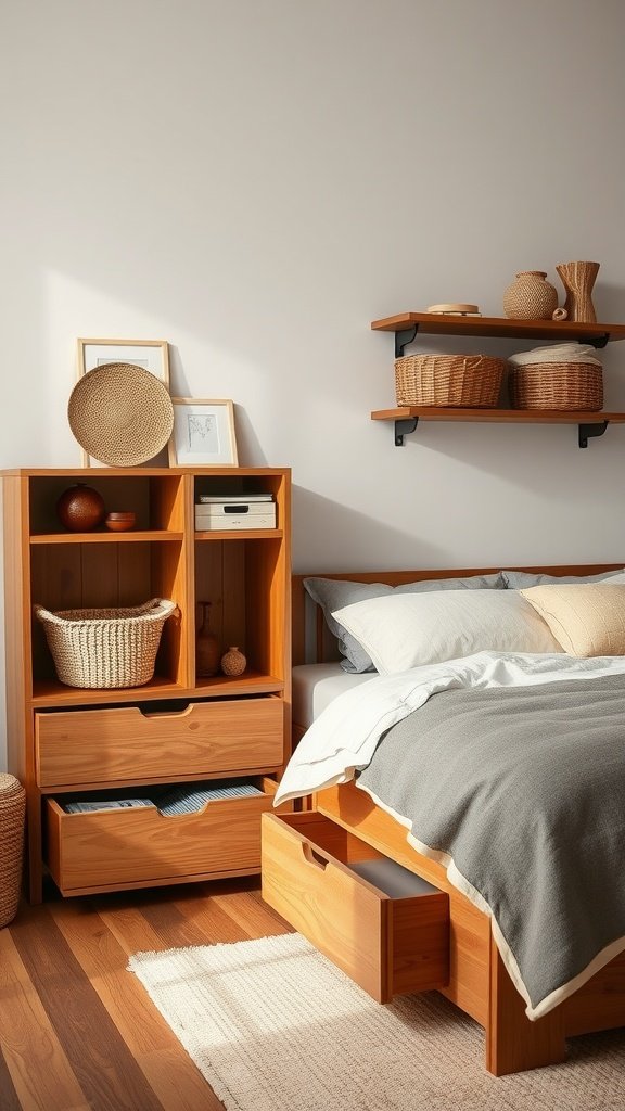 A cozy bedroom featuring wooden storage solutions, showcasing a Nordic Scandi Boho style with woven baskets and a tidy layout.