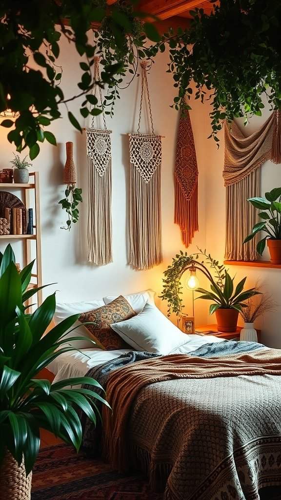 A cozy Boho bedroom with plants, macramé wall hangings, and warm lighting.