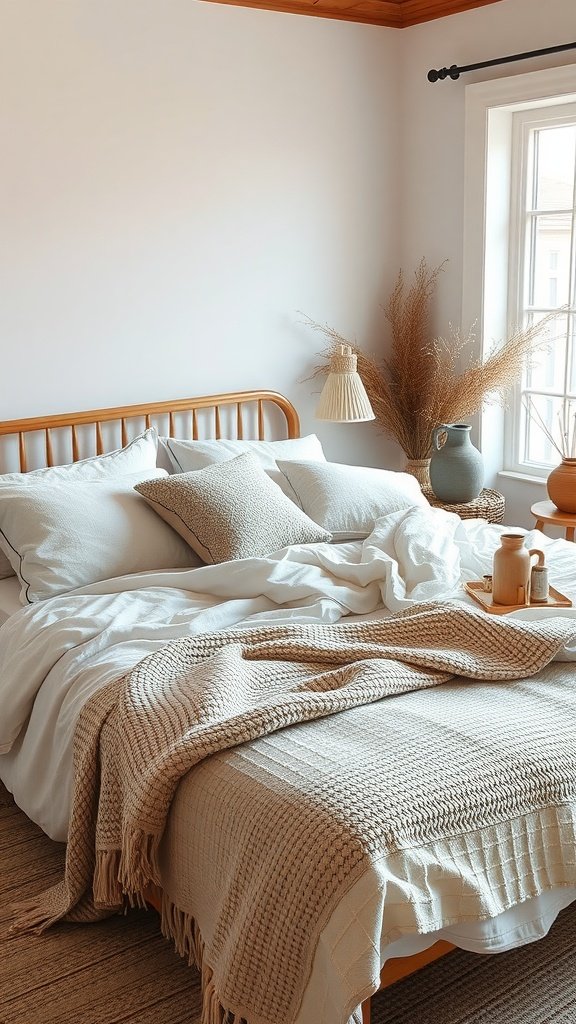 A cozy Nordic Scandi Boho bedroom featuring layered linens and natural decor.