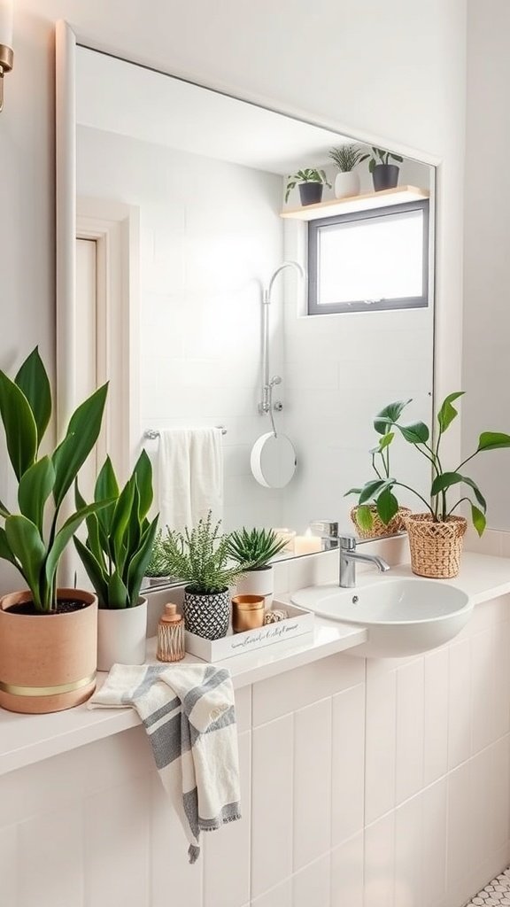 A small bathroom with a ledge filled with plants and decorative items.