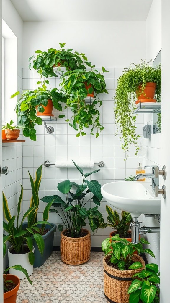 A bright bathroom filled with various houseplants in pots, showcasing a fresh and vibrant atmosphere.