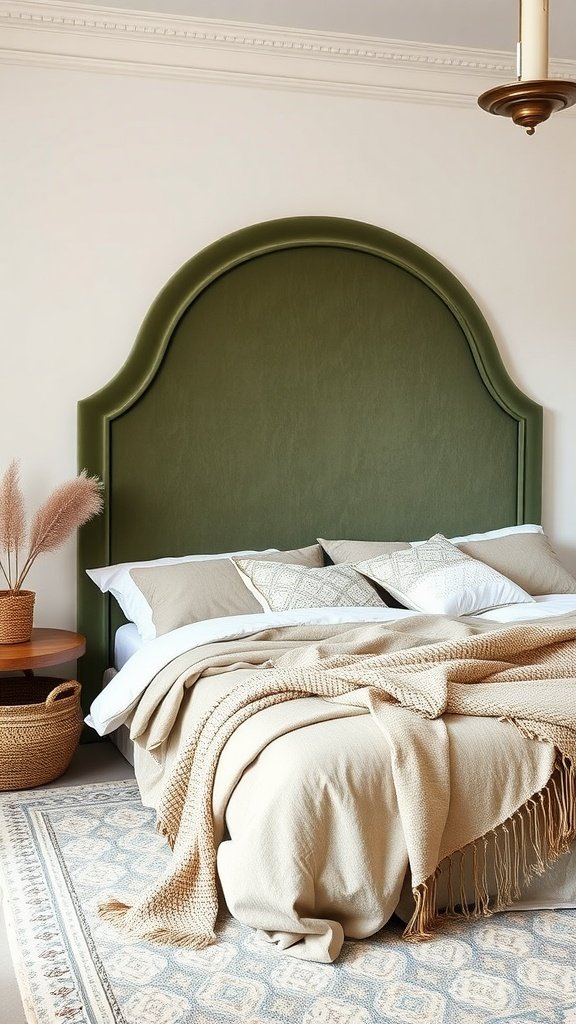 A luxurious sage green velvet headboard in a cozy bedroom setting with beige bedding and natural accents.