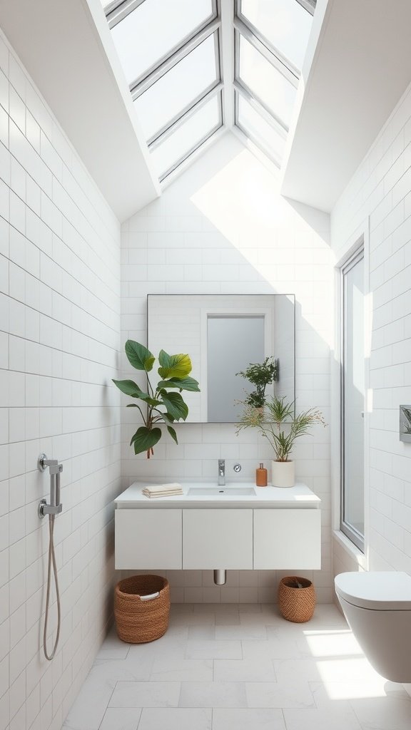 Small bathroom with a skylight, white tiles, and plants, creating a bright and airy space.