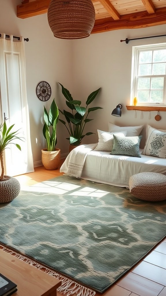 A stylish sage green rug in a boho style bedroom with natural decor elements.