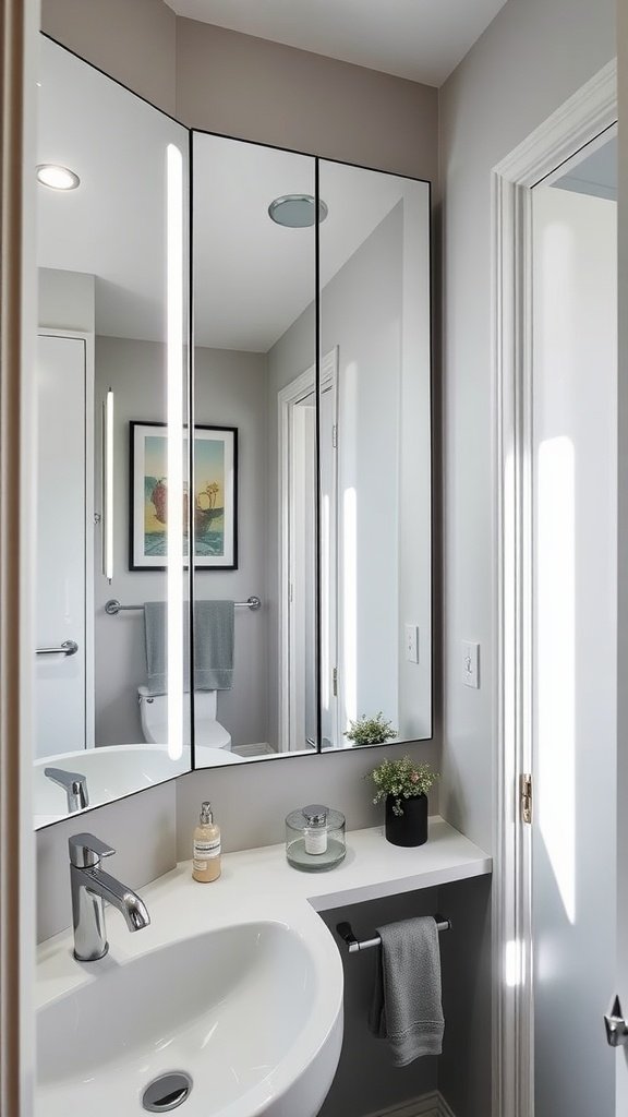 A stylish small bathroom with large mirrors reflecting light and creating an illusion of space.