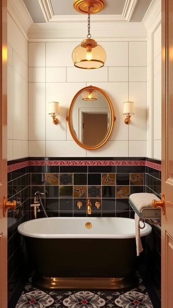 An elegant bathroom with teal walls, gold fixtures, and a chandelier, showcasing Art Deco style