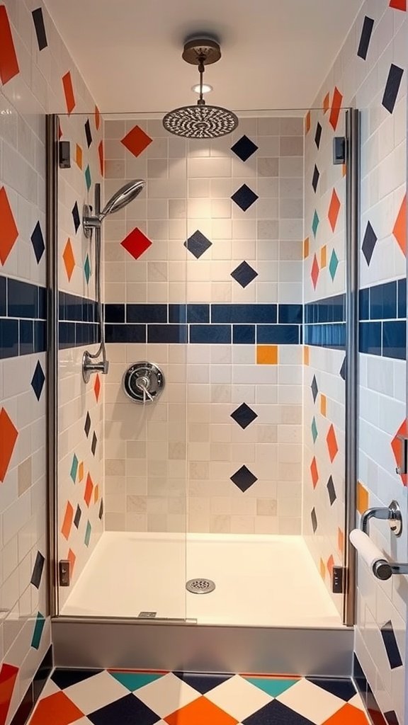 Colorful Art Deco inspired walk-in shower with geometric tile patterns in orange, blue, and teal.