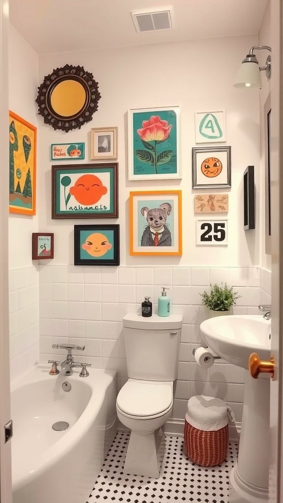 A stylish bathroom with colorful wall art and framed pictures.