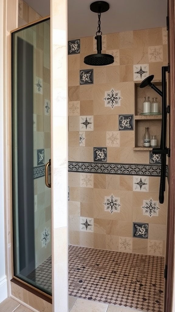 A stylish walk-in shower featuring artisan tile work, with geometric and floral patterns in earthy tones.