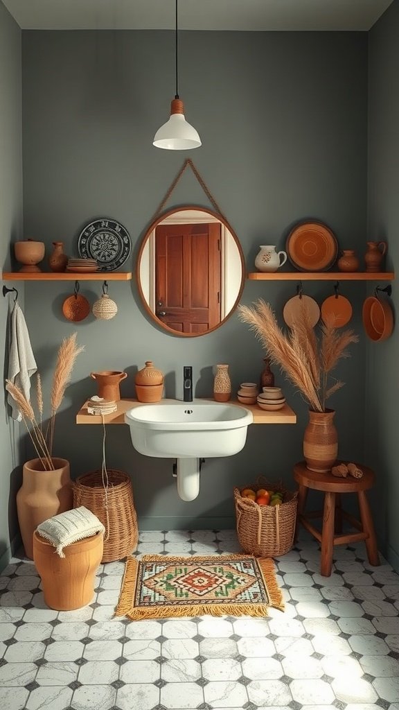 Stylish Boho bathroom with artisan pottery, a sink, and decorative elements.