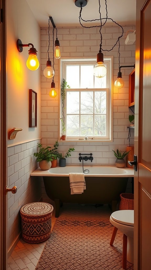 A cozy Boho bathroom featuring artistic lighting fixtures, plants, and a vintage bathtub.