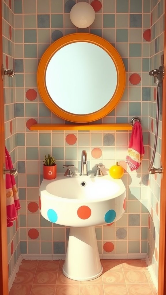 A colorful 70s bathroom sink design featuring a round, polka-dotted basin, a circular mirror, and vibrant wall tiles.