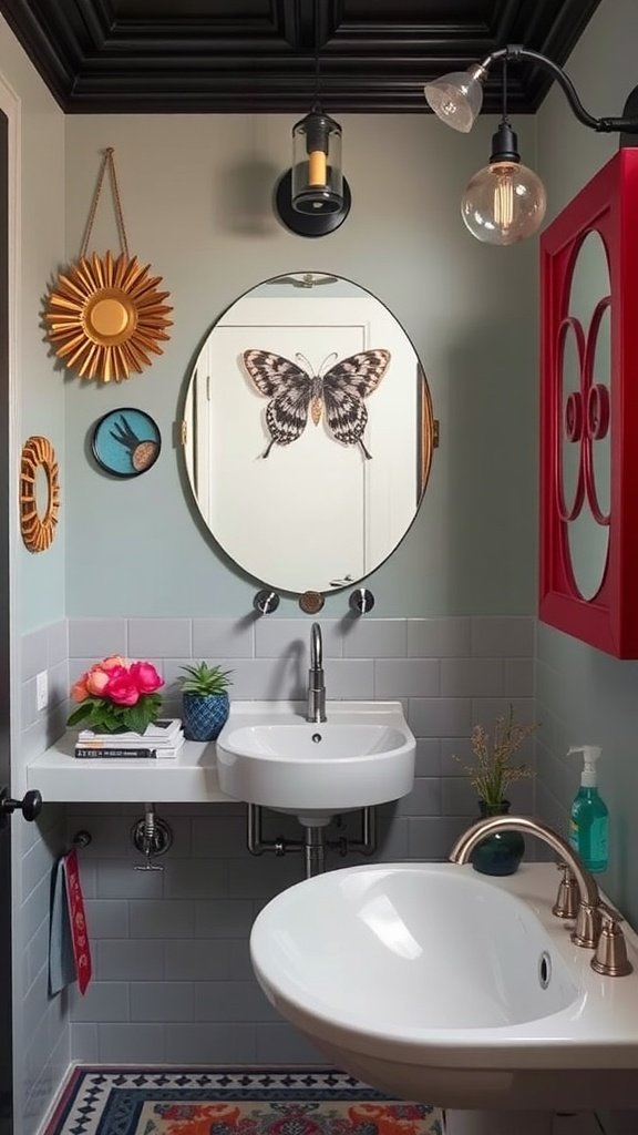 Stylish bathroom with colorful decor, featuring an orange sink, mirror, and wall art.