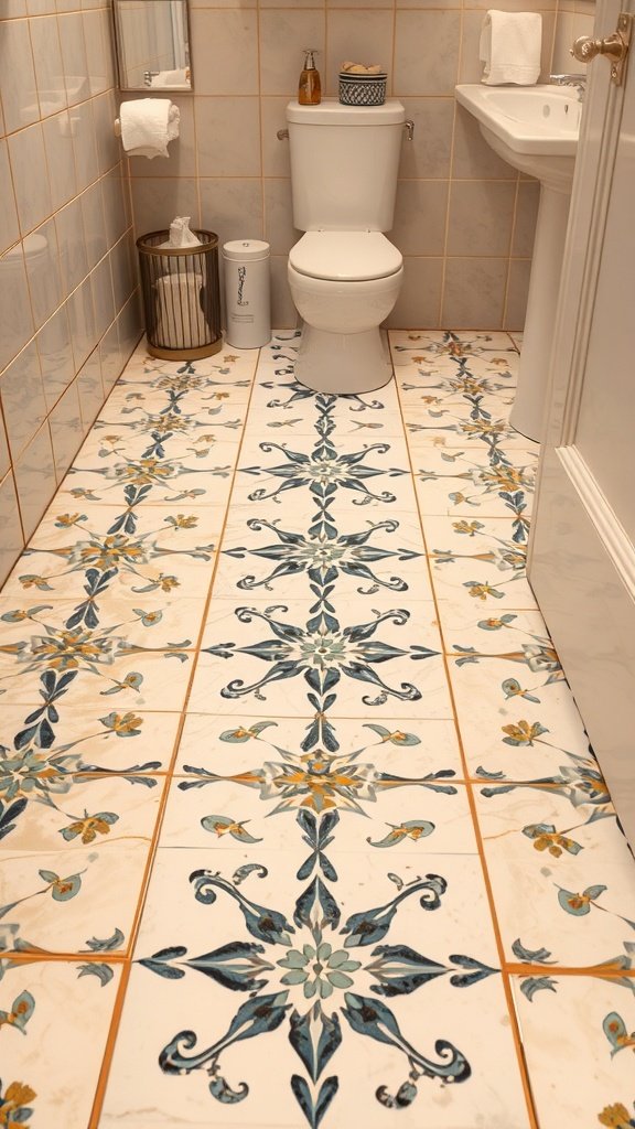 A bathroom with artistic tile designs featuring intricate patterns in blue, yellow, and white.