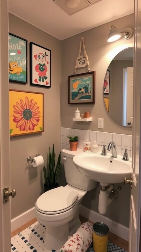 Small bathroom with artistic wall art including colorful prints and a flower painting.