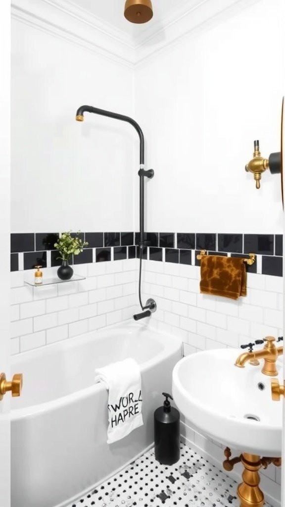 A modern black and white bathroom with brass and wood accents, featuring a bathtub and sink.