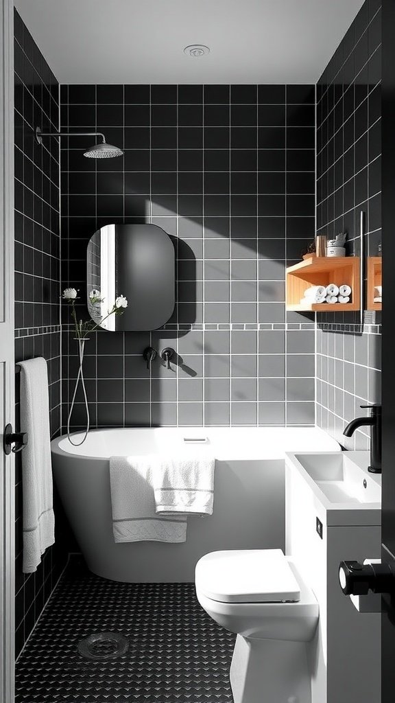 A stylish black and white Scandinavian bathroom featuring warm wood accents, large tiles, and modern fixtures.