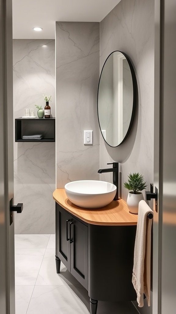 Stylish black vanity with wood countertop and white vessel sink in a modern small bathroom