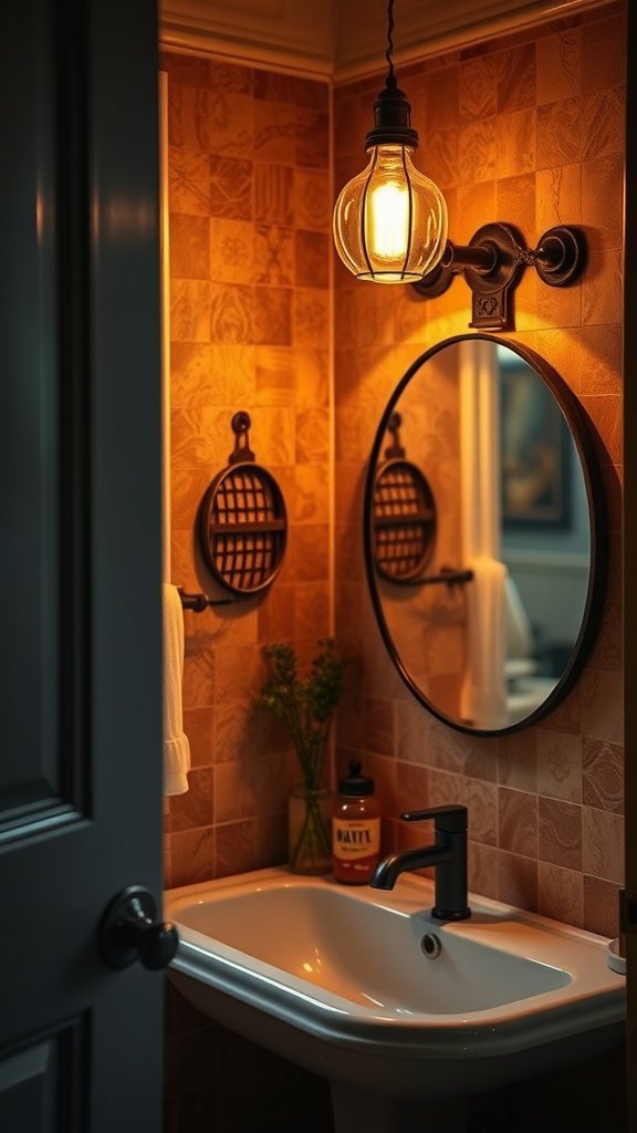 A warm, inviting bathroom with a vintage-style pendant light above a sink, showcasing Bohemian decor.