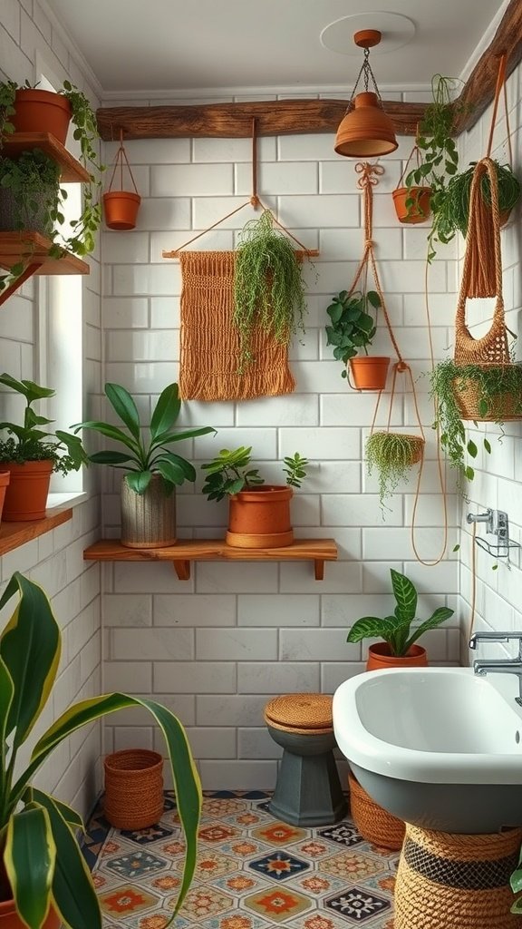 Aesthetic bathroom with white tiles, hanging plants, and colorful patterned floor tiles