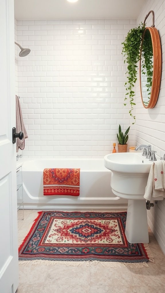 A bohemian rug in a bathroom setting, featuring colorful patterns and contrasting with white tiles.