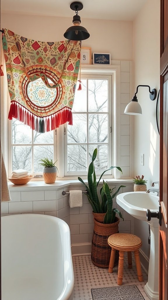 A colorful bohemian fabric hanging in a bathroom window, surrounded by plants and soft lighting.