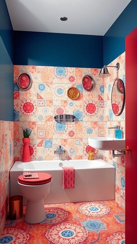 A colorful bathroom featuring patterned tiles in red and blue, with modern fixtures and decor.