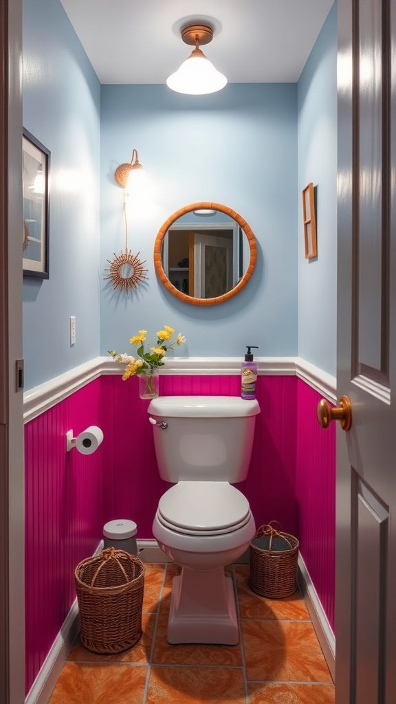 A small bathroom with vibrant pink lower walls and calming blue upper walls, featuring decorative items and a round mirror.