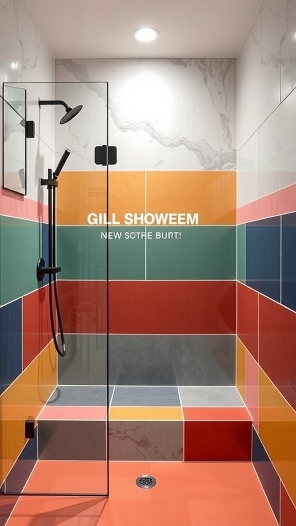 A walk-in shower featuring bold color-blocked tiles in various shades, showcasing a modern design.