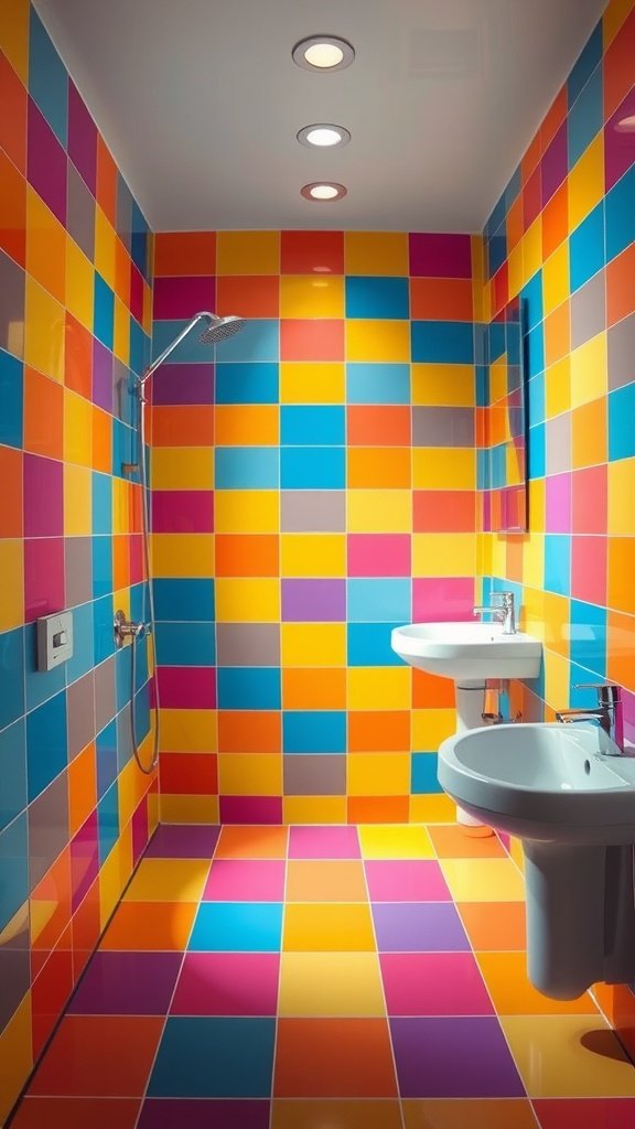 A vibrant bathroom with bright colored tiles in squares of yellow, blue, pink, and orange