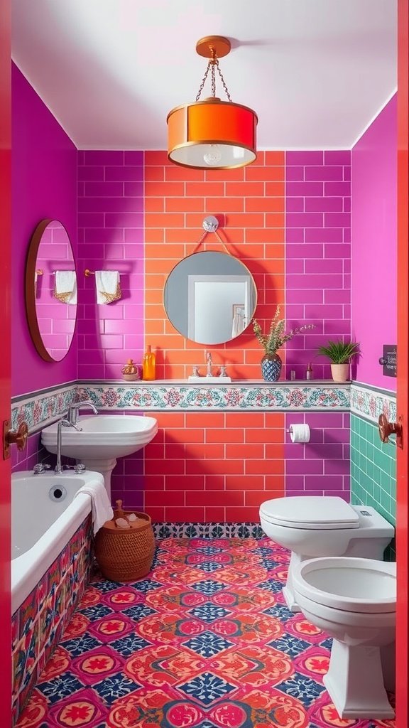 A vibrant bathroom with purple and red tiled walls, colorful patterned flooring, and an orange light fixture.