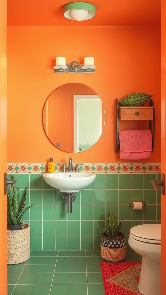 A vibrant 70s bathroom decor featuring orange walls and green tiles.