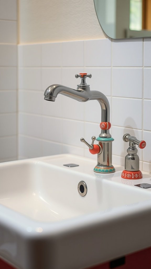 A stylish faucet with colorful handles over a white sink in a retro bathroom setting.