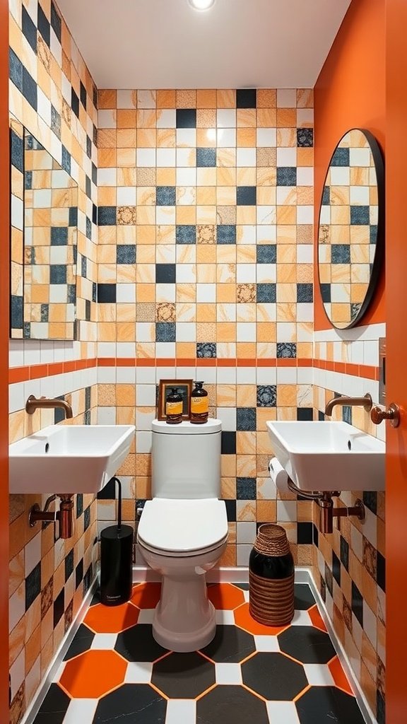 Stylish bathroom with bold geometric tile patterns in vibrant colors.