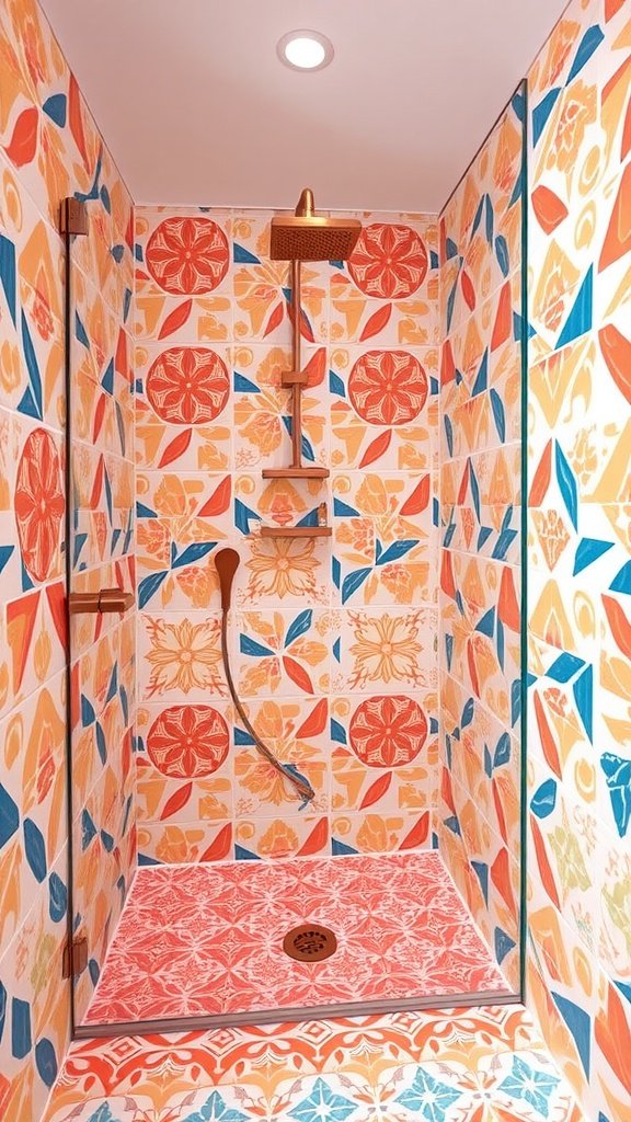 A walk-in shower featuring bold geometric patterns in orange, blue, and white tiles, with a copper shower fixture.