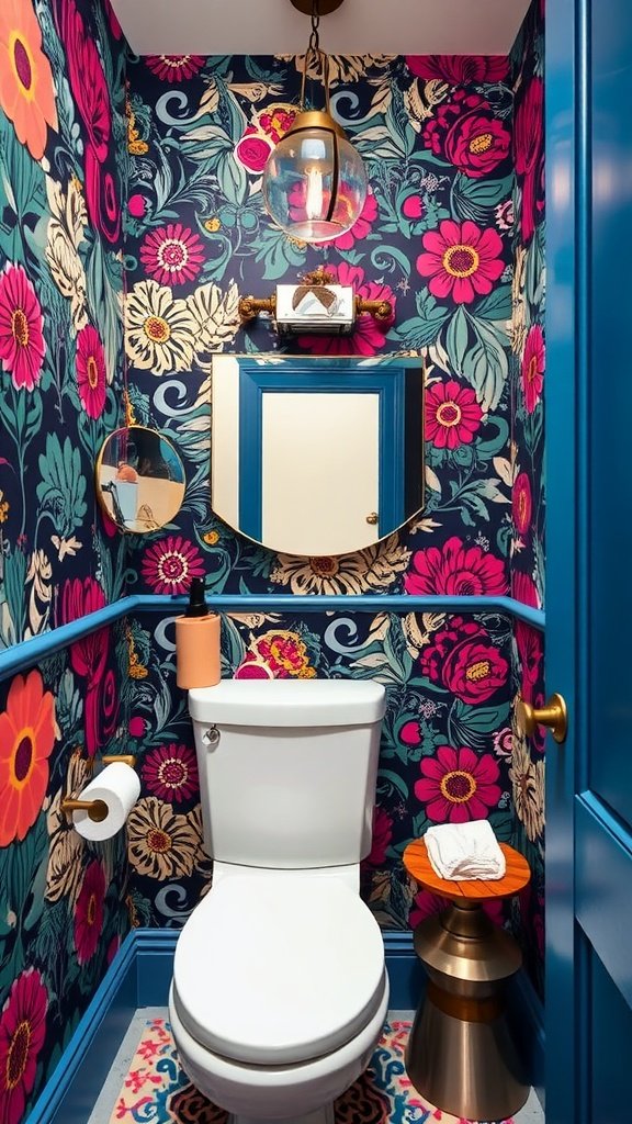 Vibrant floral wallpaper in a small bathroom with a white sink and toilet.