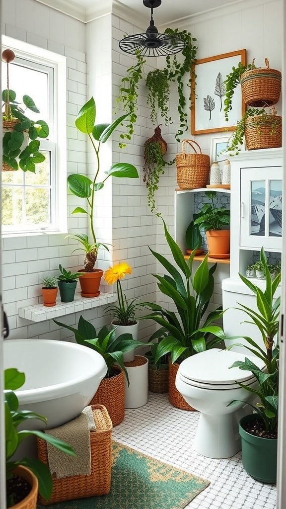 A bright bathroom filled with various plants, featuring a white sink, toilet, and decorative wall elements.