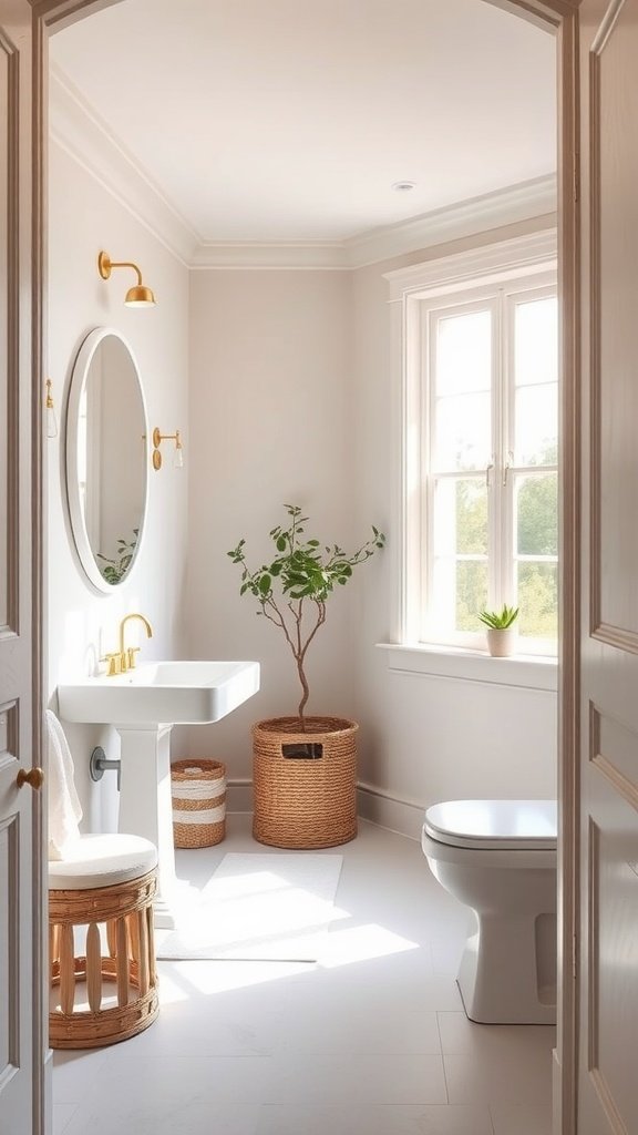 Bright and airy bathroom with white tiles, large windows, and plants