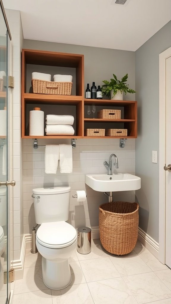 A stylish bathroom featuring open shelving, towels, and storage baskets.