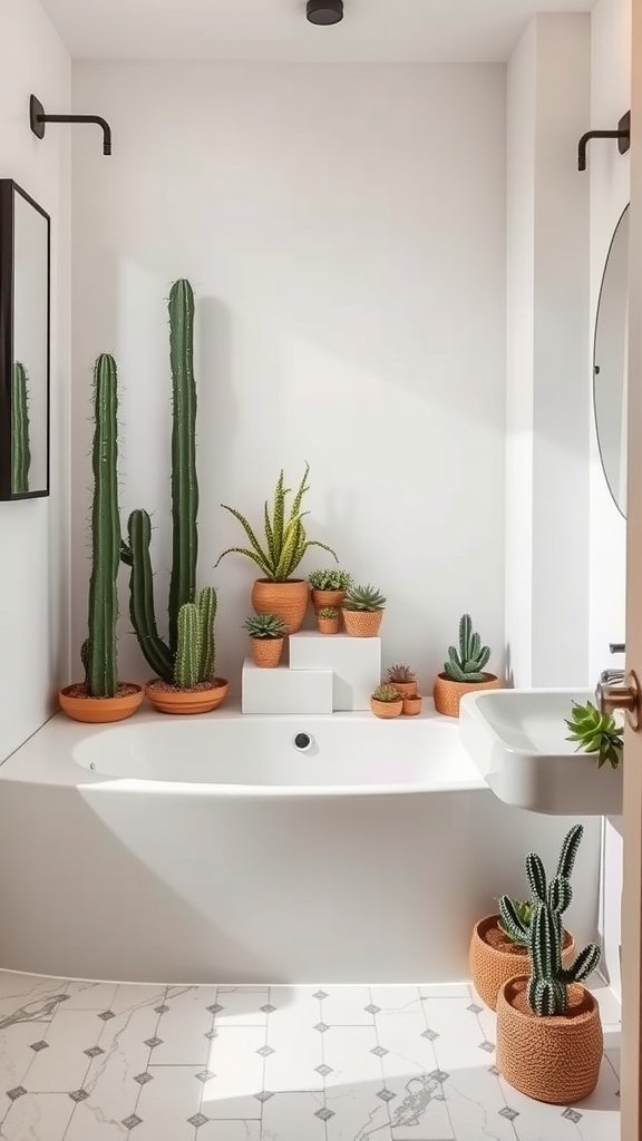 A modern bathroom featuring various potted cacti and succulents arranged around a bathtub.