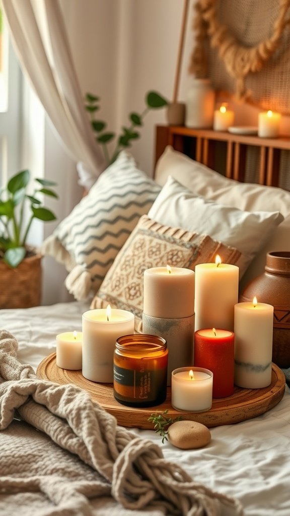 A cozy arrangement of candles on a wooden tray in a bohemian style bedroom