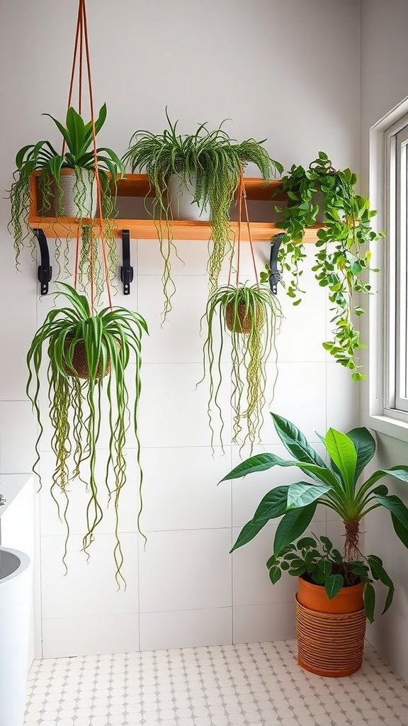 A bathroom with cascading plants in hanging pots and a large potted plant, styled in a Boho decor theme.