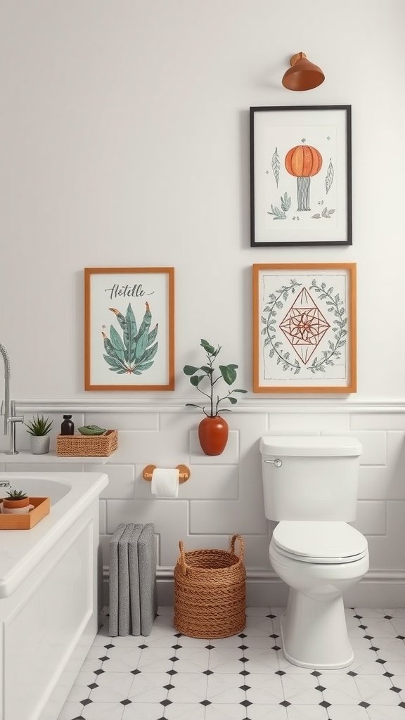 A Boho bathroom featuring charming framed art, including plant illustrations and a decorative piece, creating a warm and inviting atmosphere.